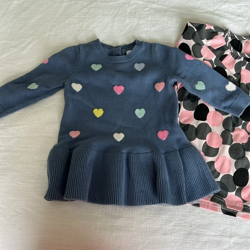 Baby Gap Heart Sweater Dress 6-12M & Le Top Polka Dot Dress 12M Bundle Blue Pink